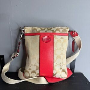 Coach Khaki Signature Canvas Crossbody with Red Leather Trim
